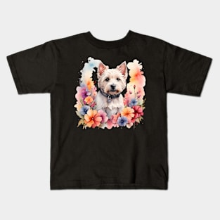 A west highland white terrier decorated with beautiful watercolor flowers Kids T-Shirt